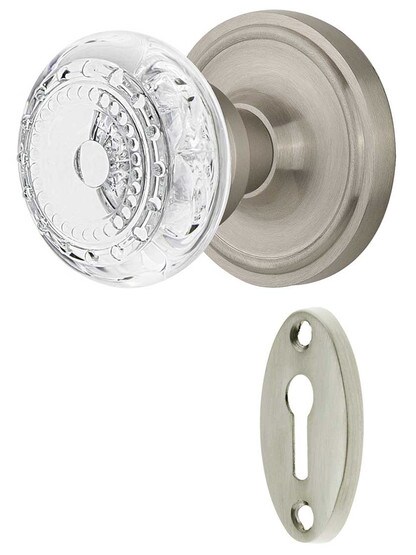Classic Rosette Mortise-Lock Set with Meadows Crystal-Glass Knobs in Satin Nickel.